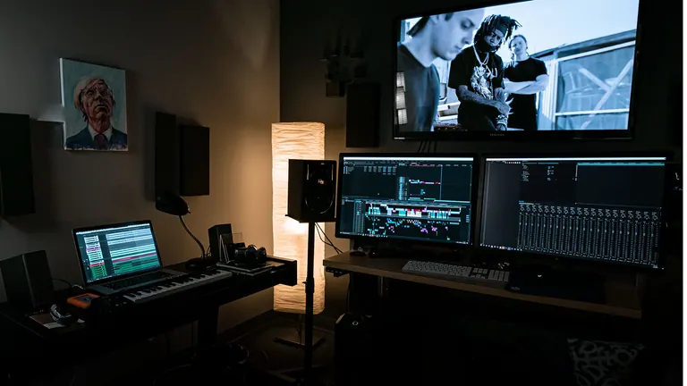 ECG Productions post-production suite with editing and audio workstations.