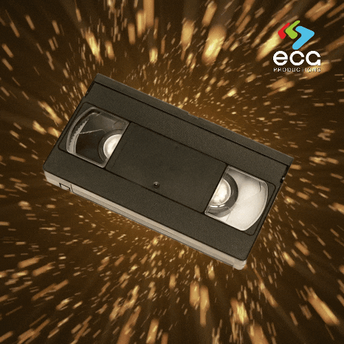 A VHS tape floating through a 3D warp, symbolizing the transformation and restoration process in VHS digitization and restoration.