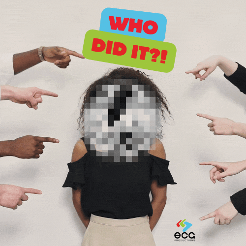 A person with a pixelated face surrounded by pointing hands and text reading 'Who Did It?!', demonstrating the use of video blurring for privacy protection and anonymity.