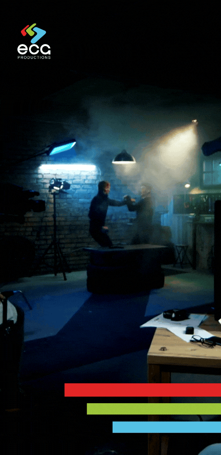 A fight scene filmed by a production crew, showcasing the seamless collaboration between video stunts and stunt coordinators to create realistic action.