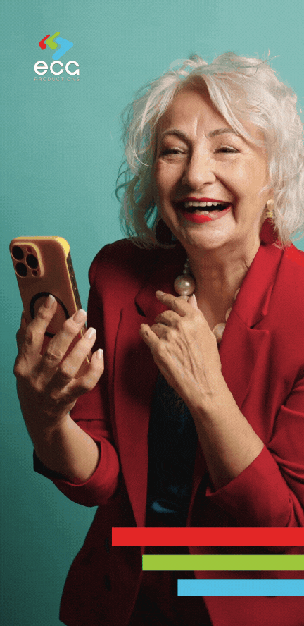 A woman excitedly displays her phone with a green screen template, demonstrating the power of chroma key in green screen post-production for customizable visuals.
