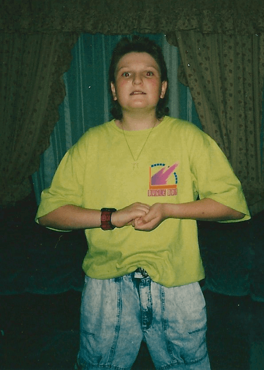 Jason Sirotin Mullet Stone washed jeans and pop swatch combo 1990