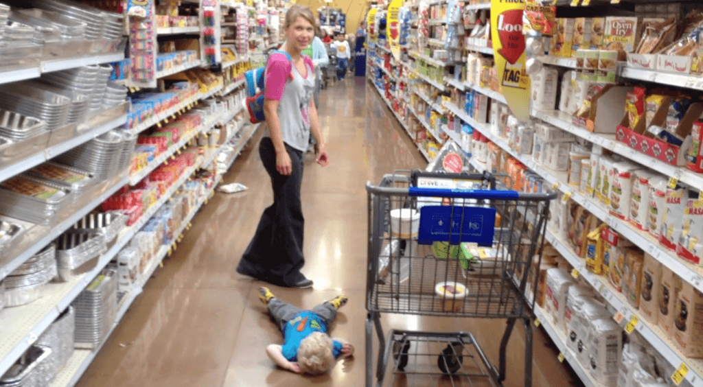 Child temper tantrum in grocery store