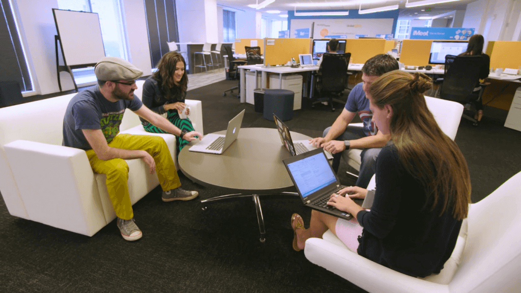 successful local video projects employees lounge in nice meeting area