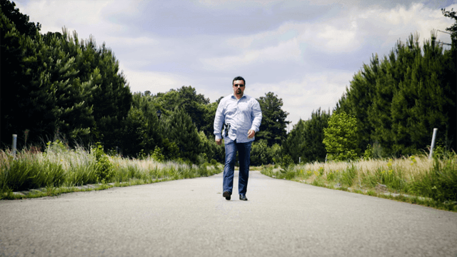 man on street with color grading