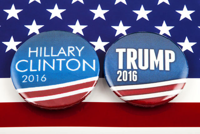 Campaign buttons for Clinton and Trump, 2016 election