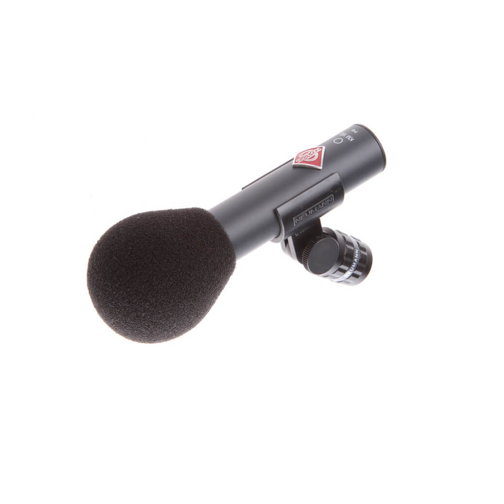 HD video camera with microphone attached. Neumann KM 185 MT Hypercardioid Microphone