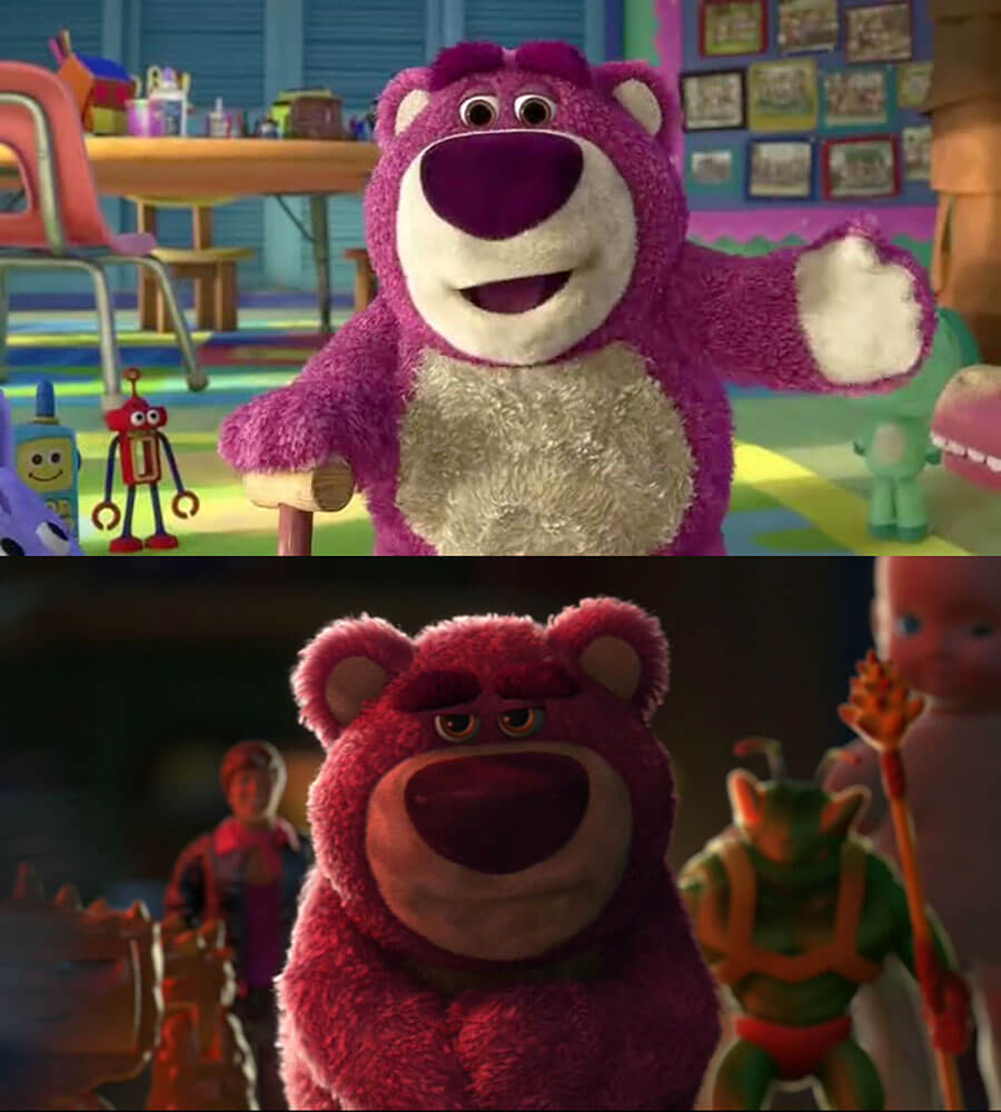 Character lighting change from light to dark - Lotso, Toy Story 3