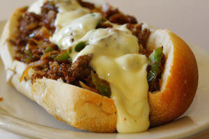 A Philly cheesesteak sandwich