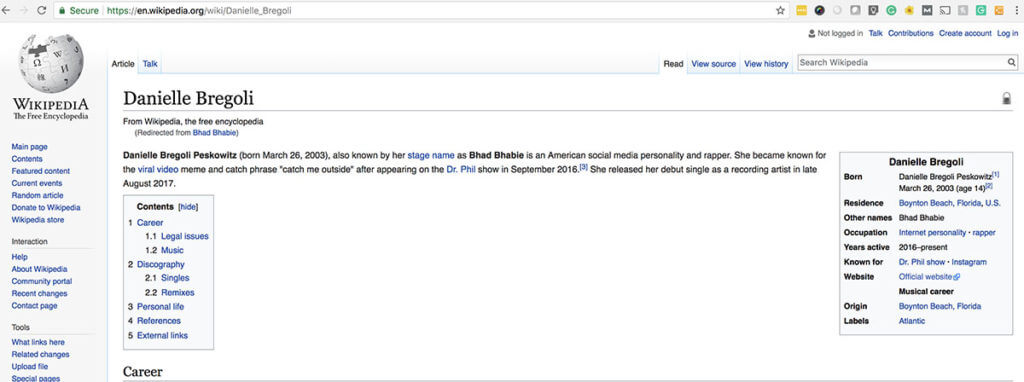 Bhad Bhabie Wikipedia page