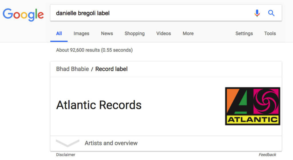Google search result for "danielle bregoli label."