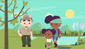 Georgia Forestry Commission's "8 Challenges" explainer video shows a park ranger with girl and her mom.