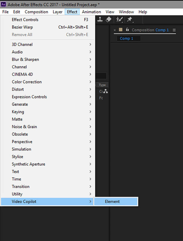 After Effects video effects pathway (from the navigation dropdown menu, Effects > Video Copilot > Element)