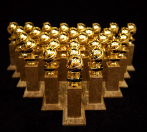 A collection of Golden Globes awards trophies