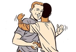 A cartoon of two men giving a hug or handshake