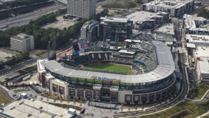 From a drone's point of view, we look down over SunTrusk Park during an Atlanta Braves baseball game. The stadium won Kimley-Horn the 2018 ACEC Georgia Grand Prize.