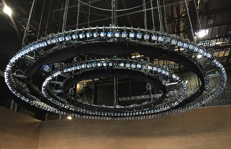 A gigantic ring light made of 256 suspended ARRI 350W fresnels for the lighting design of Blade Runner 2049