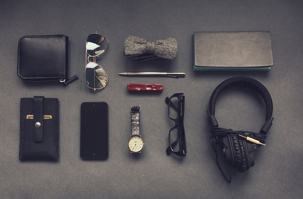 An audio recordist's toolkit, unloaded for display.