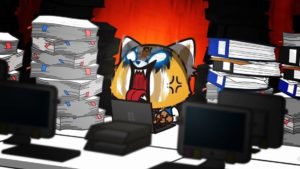 Retsuko, the main character from Aggretsuko (a Japanese anime musical comedy), sits at a desk working on a laptop.