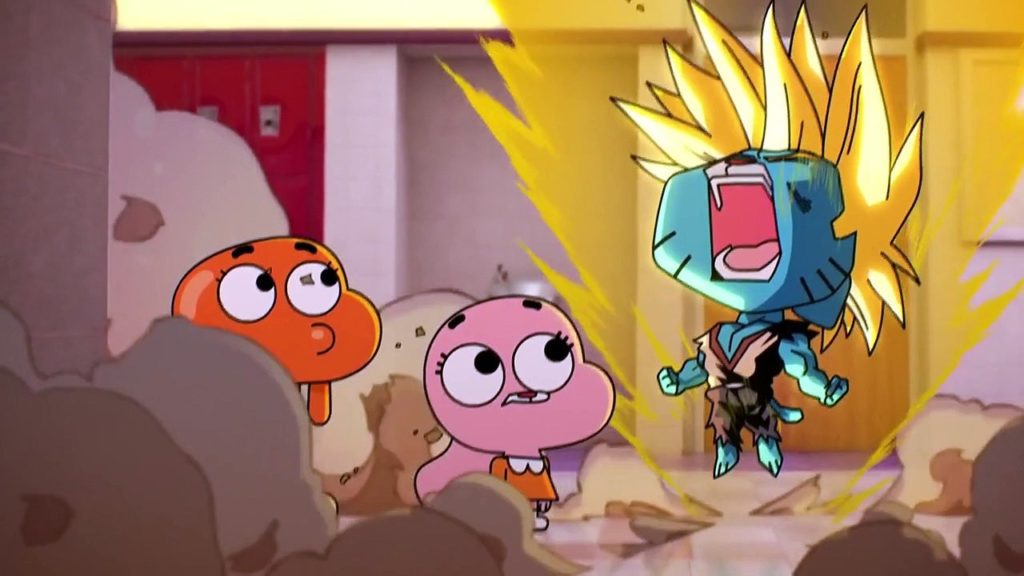 A character from The Amazing World of Gumball going Super Saiyan.