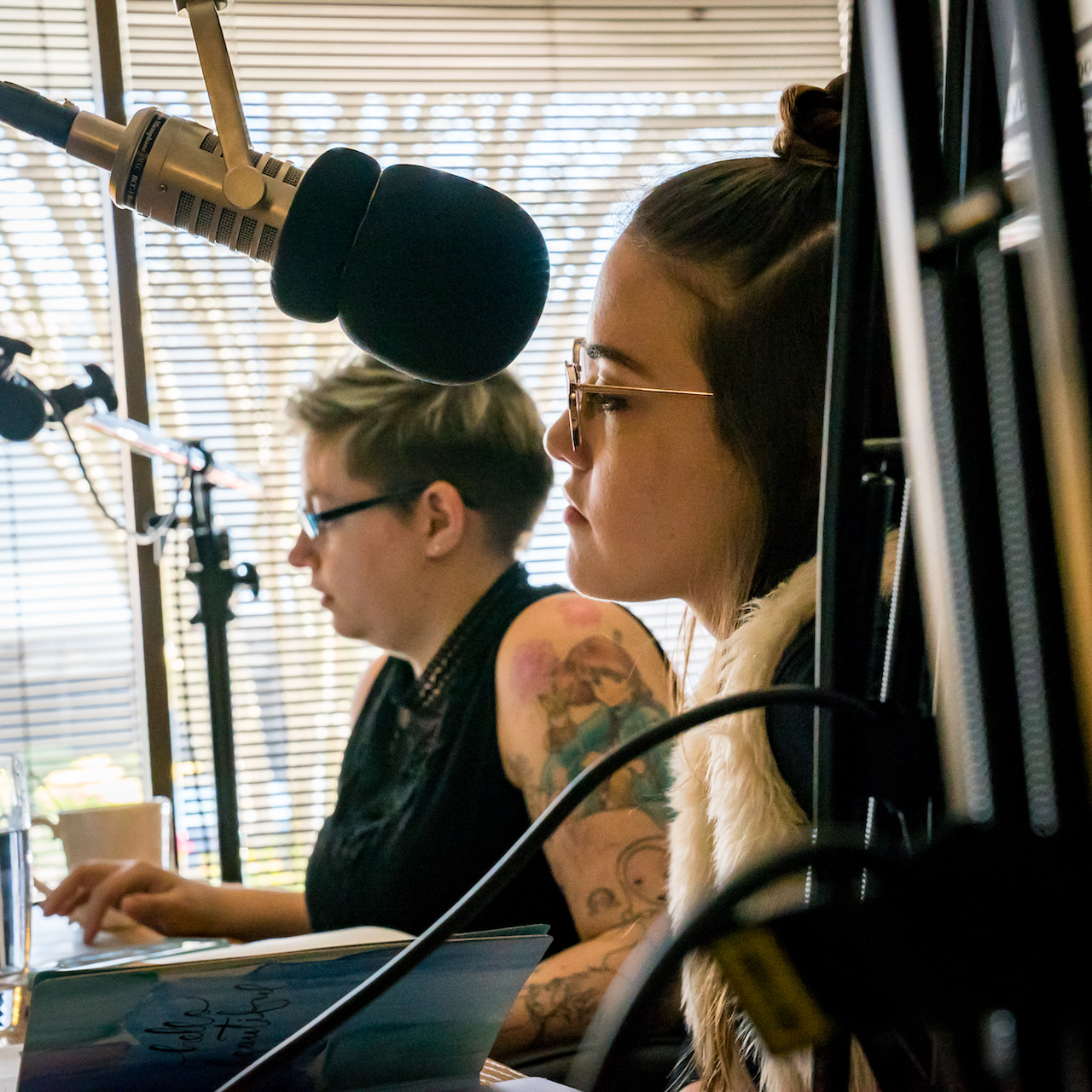 Jenn and Emily recording episode 1 of the Rack Focused podcast.
