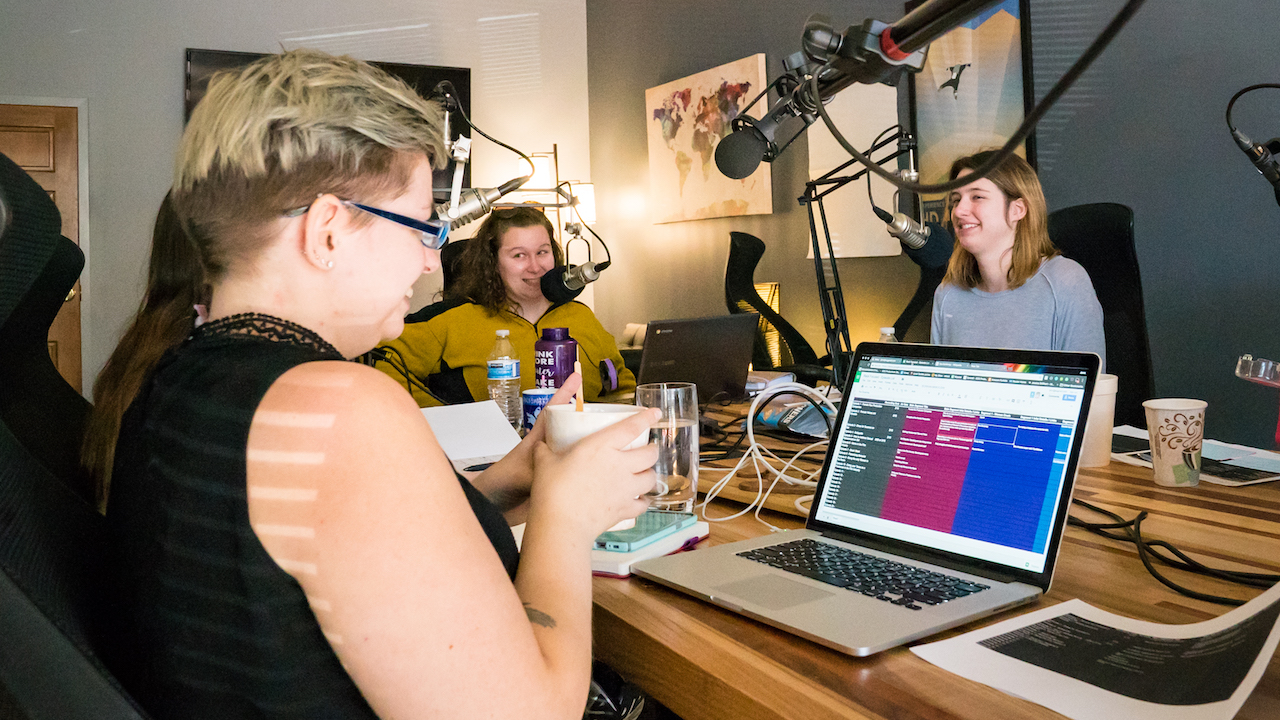 Jenn and the ECG Rack Focused team recoring episode 2, Films from Herspective.