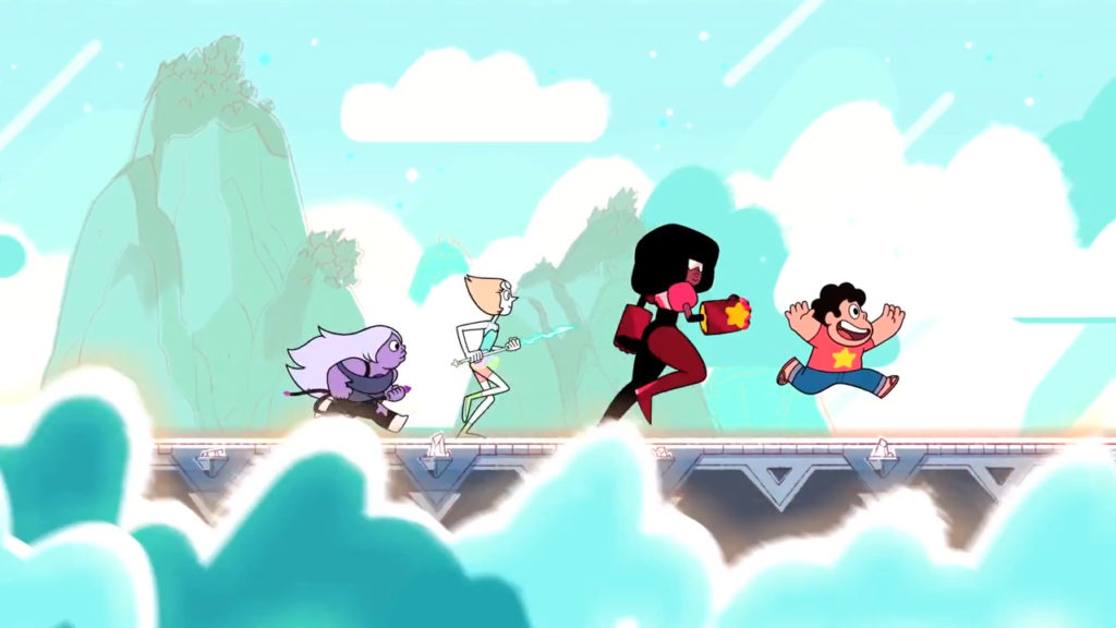 Characters from Steven Universe, an American animated television series, running and jumping during a sidescroll.