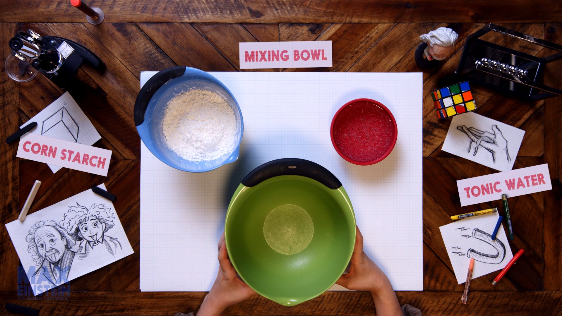 Max Einstein magic mud mixing bowls and ingredients