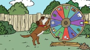 A dog spins a carnival wheel (from James Patterson's Dog Diaries).