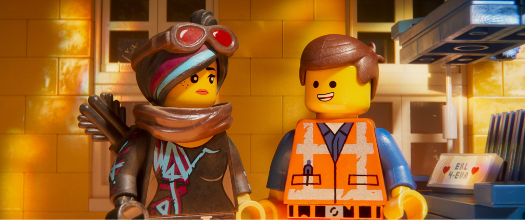 Lego Movie - A lego man construction worker and a lego woman archer share a moment.