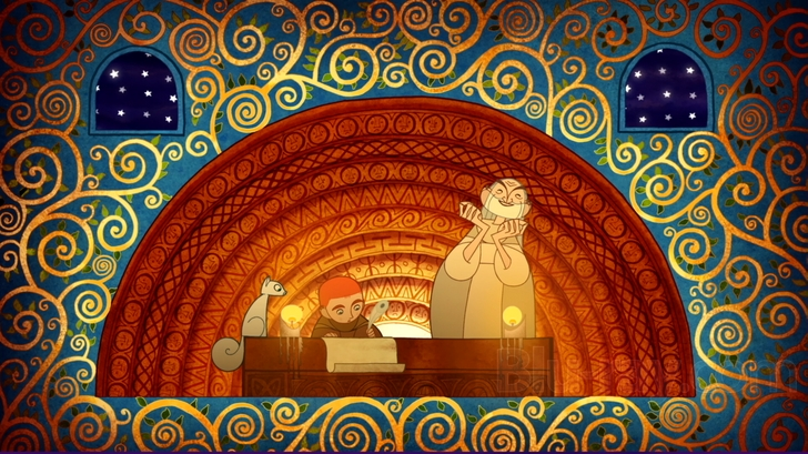 Secret of Kells - A boy sits and writes at a table, accompanied by a man and squirrel.