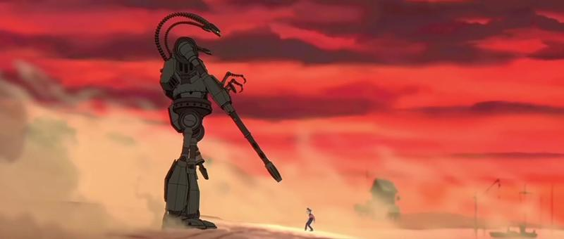 The iron giant stands and faces a much smaller boy, both surrounded by dust.