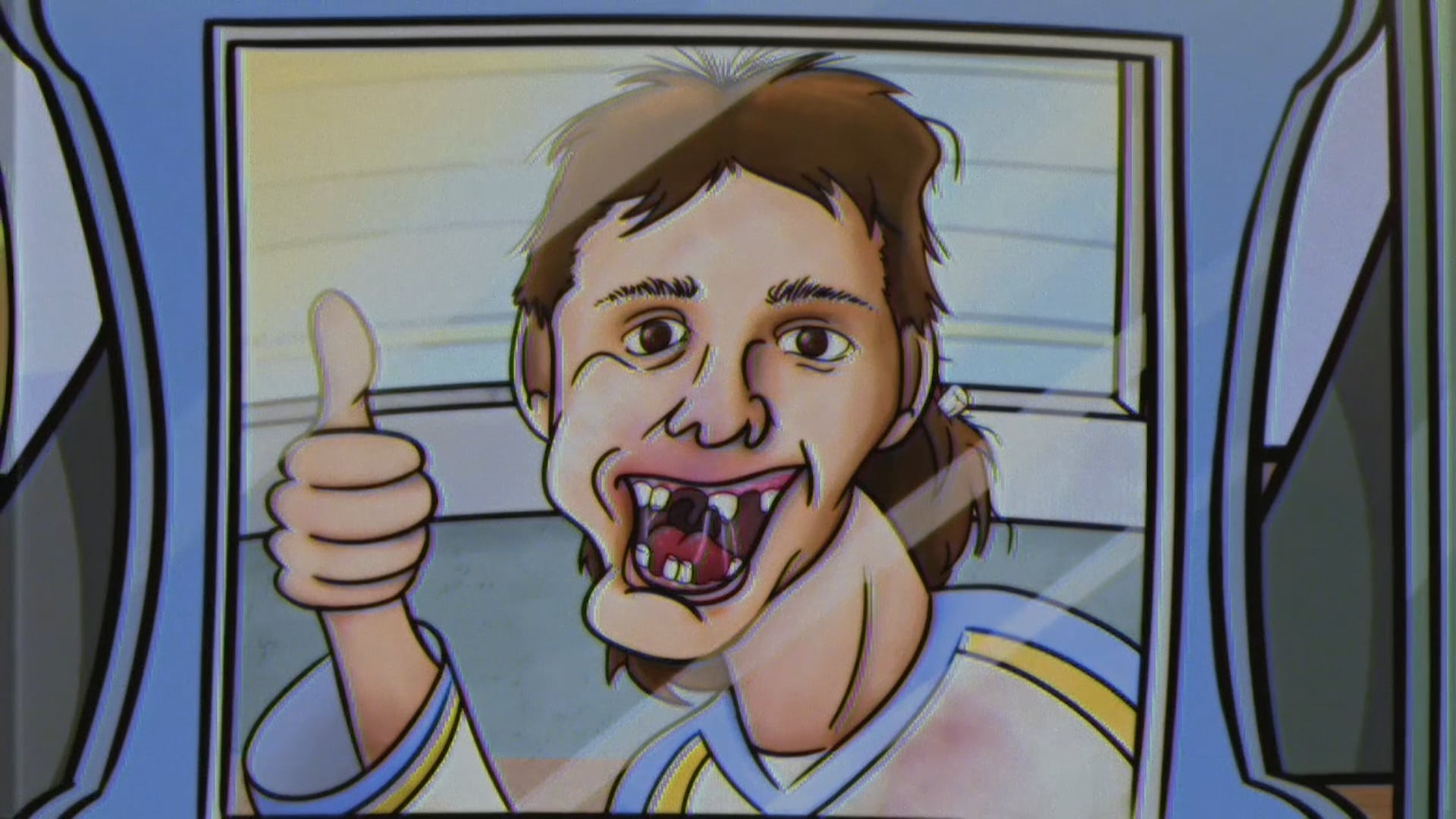 A hockey player with missing teeth gives a thumbs up.