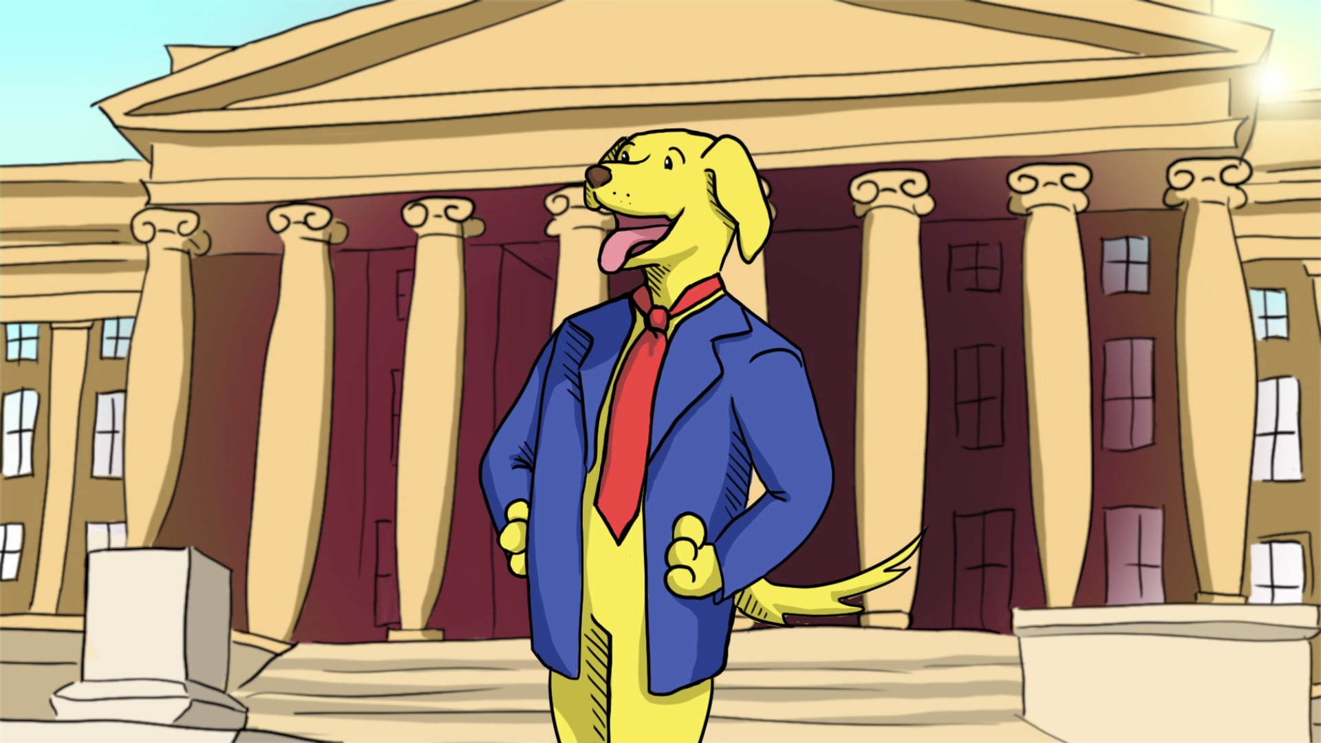 A dog wearing a blue blazer and red tie stands in front of a government building.