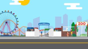 A 2D animation of a family at a zoo or fair