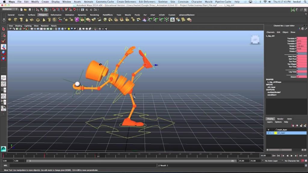 An orange 3D animated-figure throws a ball in Maya.