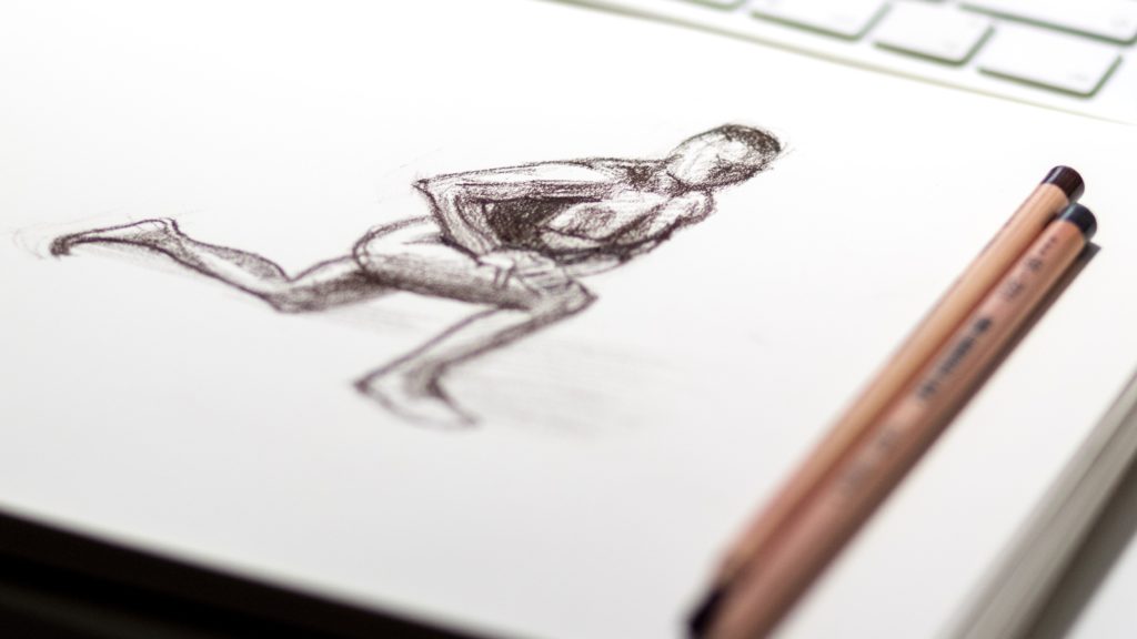 A 2D animation pencil sketch of a person lunging