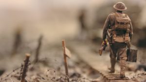 Stop motion animation set with miniature WWI soldier walking