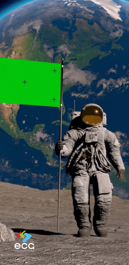 An astronaut holding a green screen flag on the moon, illustrating the use of planar tracking in CGI integration and background replacement.