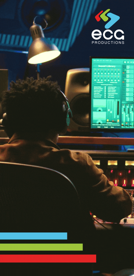 A sound engineer is seen from behind, working on a Foley session, adjusting audio levels to ensure perfect synchronization with on-screen action.