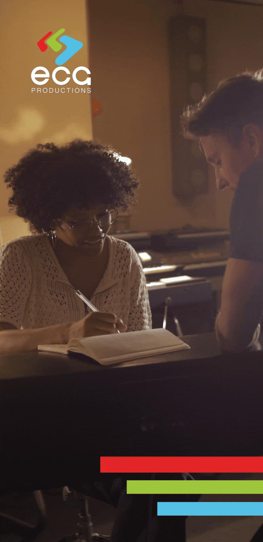 A group of songwriters collaborate, brainstorming lyrics and melodies to create an original music composition from scratch.