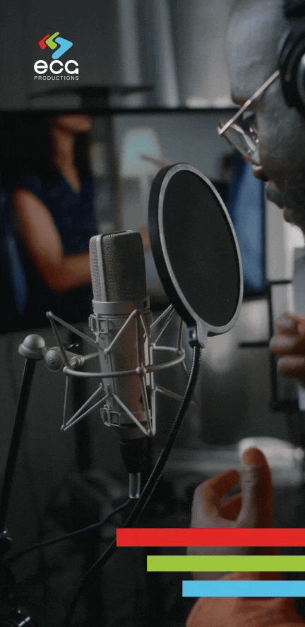 A Black man records ADR in a professional studio in Atlanta, delivering precise dialogue replacement for seamless audio in film and television.