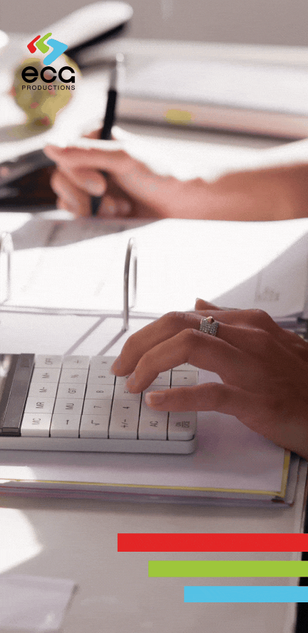 Hispanic woman’s hands work a calculator, meticulously managing video budgeting to ensure accurate financial planning for production.