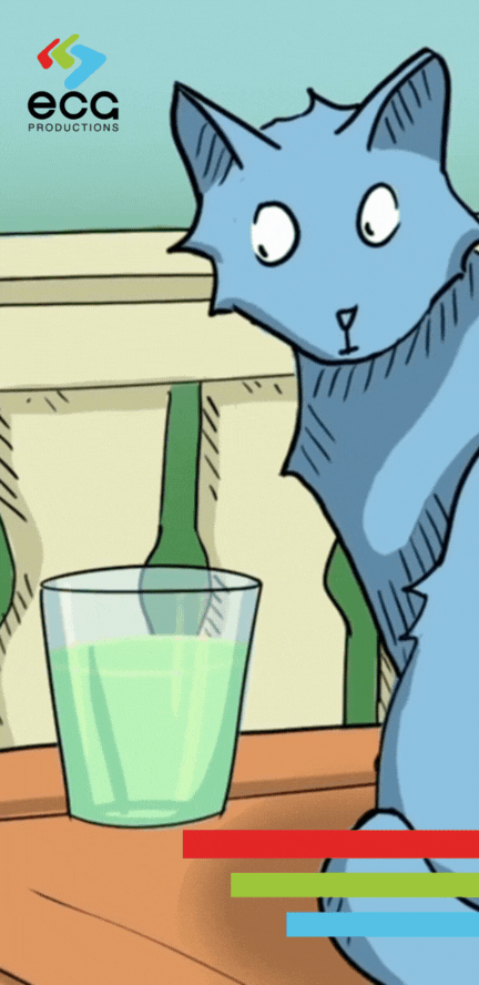 An animated cat mischievously knocks a glass of water off a table, illustrating how commercial scriptwriting enhances humor and engagement in book advertising.