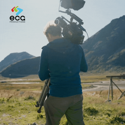 A man walks through a scenic landscape of grass and mountains, carrying a tripod with a camera on top, showcasing reliable camera support for capturing stunning outdoor shots.