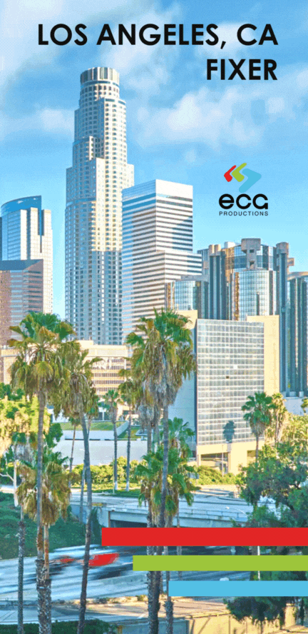 Timelapse of Los Angeles cityscape at dusk, with fast-moving lights from cars on busy streets and a sprawling skyline against the setting sun. The scene captures the bustling energy of LA, reflecting the dynamic environment where a ' Los Angeles fixer ' works—coordinating locations, managing logistics, and handling challenges for film and TV productions in this vibrant city.