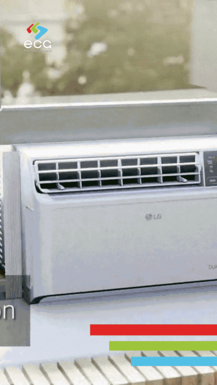 Animated promotional clip featuring an LG air conditioning unit, transitioning into colorful branded graphics—highlighting “Muffin Man,” an original animated series by ECG Productions, and showcasing the creative power of animated videos in brand promotion.