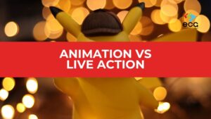 Back view of a brightly lit animated character in a detective hat, set against a warm bokeh background, with a bold red overlay reading “Animation vs Live Action”—visually highlighting the contrast between animated charm and cinematic realism.