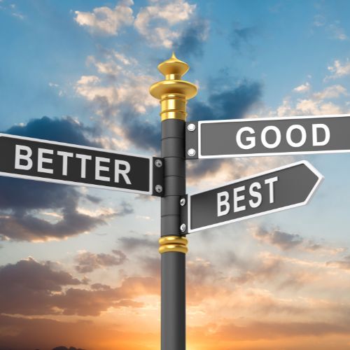 Brown directional road signs reading “Good,” “Better,” and “Best” stacked vertically—representing the journey of refining content to produce truly effective training videos.