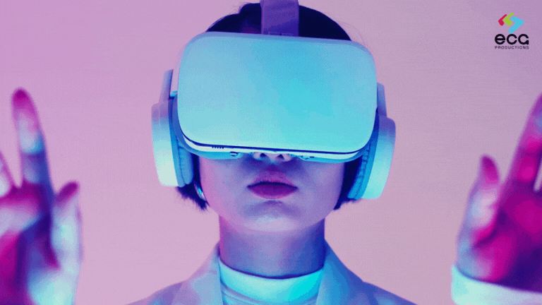 A woman interacting with AR video Advertising in a pink artificial space in Atlanta.